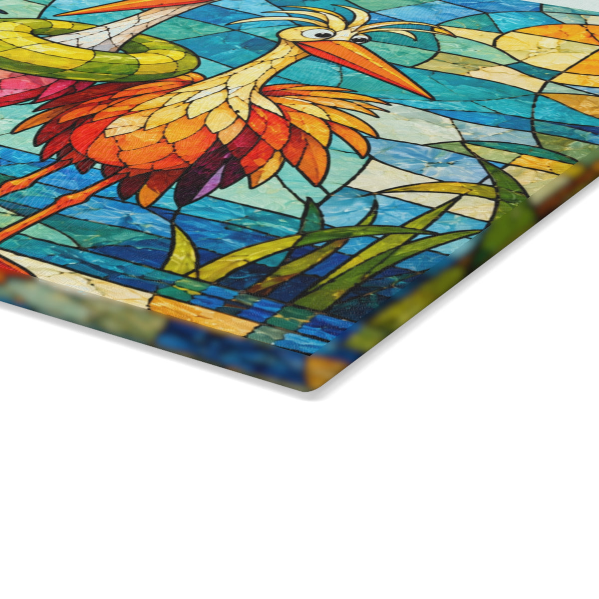 Funny Colorful Birds Stained-Glass-Look Glass Cutting Board – Whimsical Bird Kitchen Decor