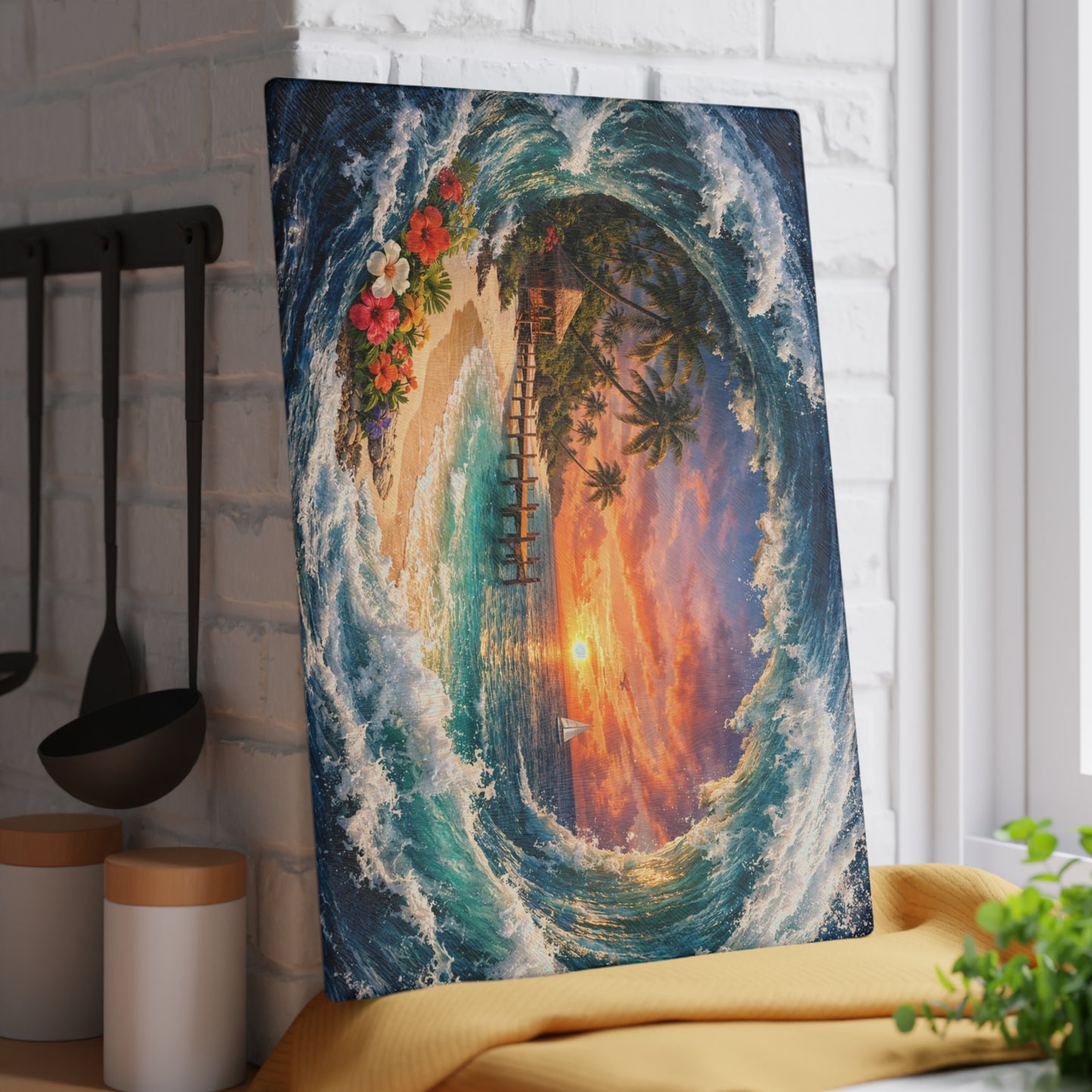 Coastal Escape Glass Cutting Board – Tropical Wave Sunset Kitchen Art & Display Board