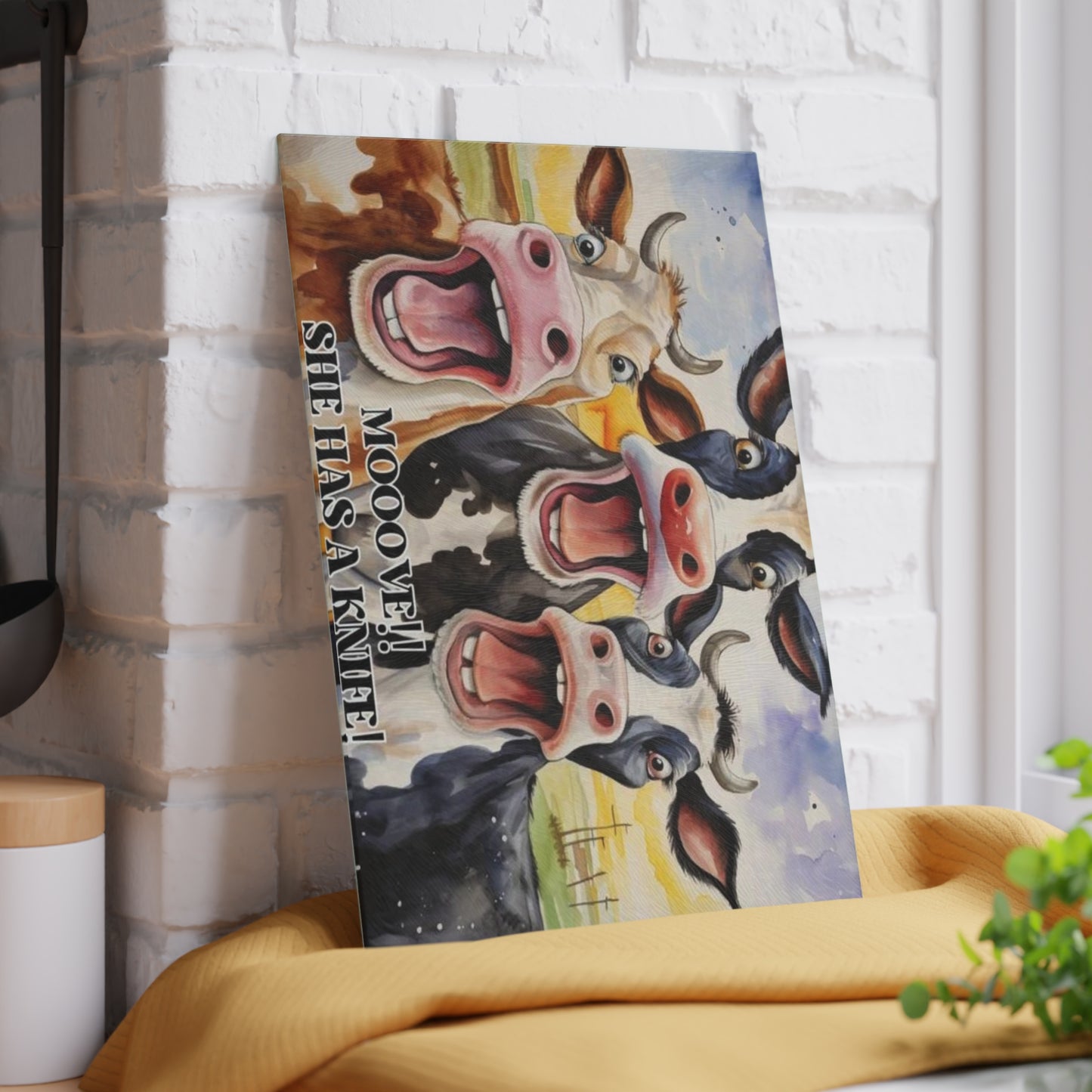 MOOOVE!! SHE HAS A KNIFE! – Funny Cow Tempered Glass Cutting Board