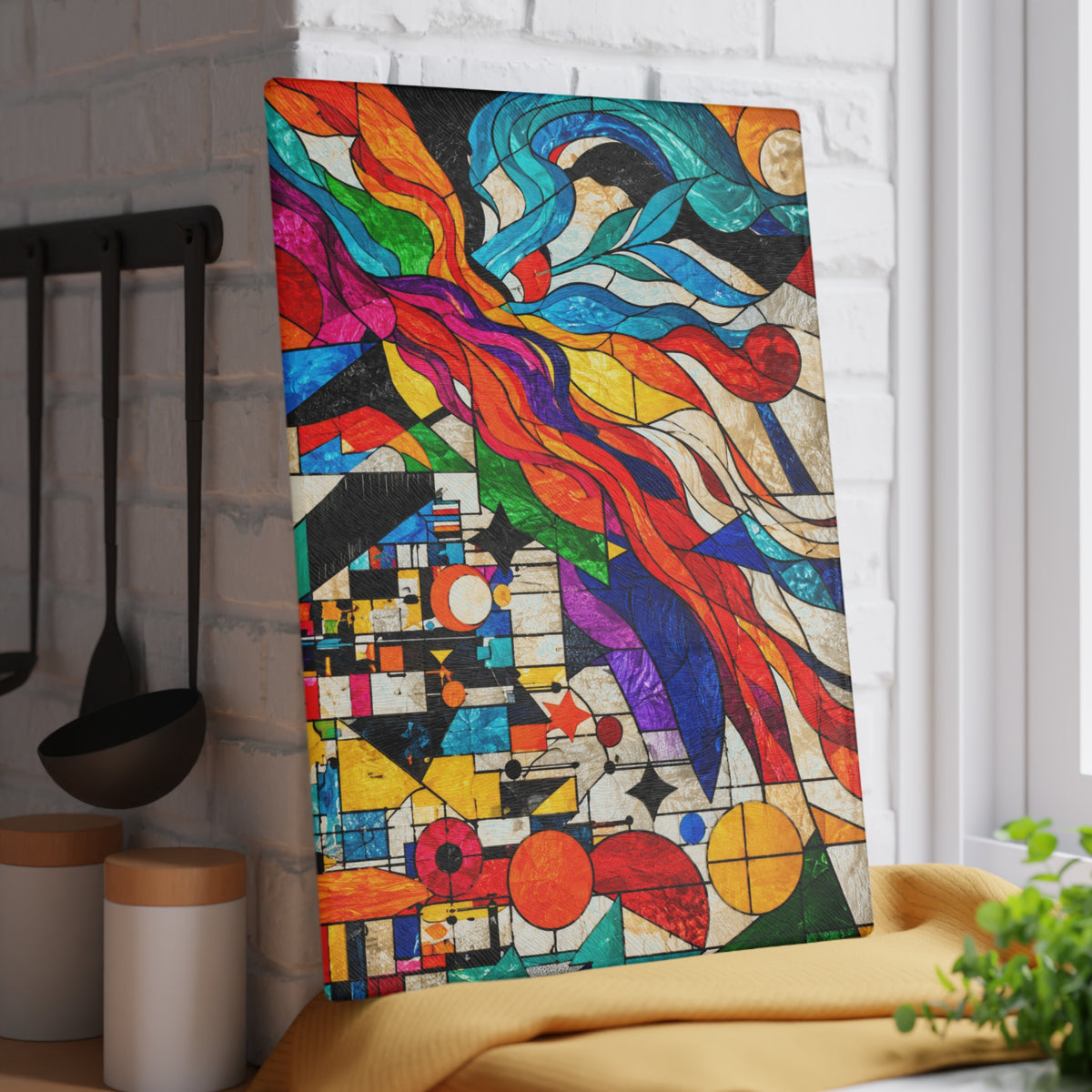 Colorful Abstract Stained-Glass-Look Glass Cutting Board – Modern Geometric Kitchen Decor