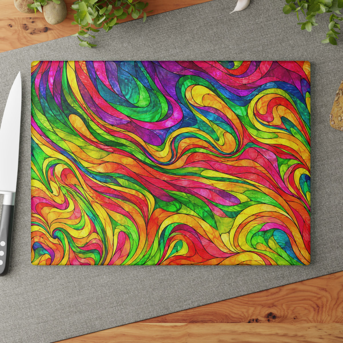 Colorful Psychedelic Swirl Glass Cutting Board – Bright Rainbow Abstract Kitchen Decor