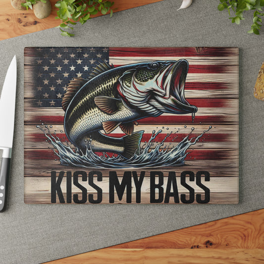 🎣Kiss My Bass Cutting Board – Patriotic Fishing Fun with Rustic American Flag 🪝🍺