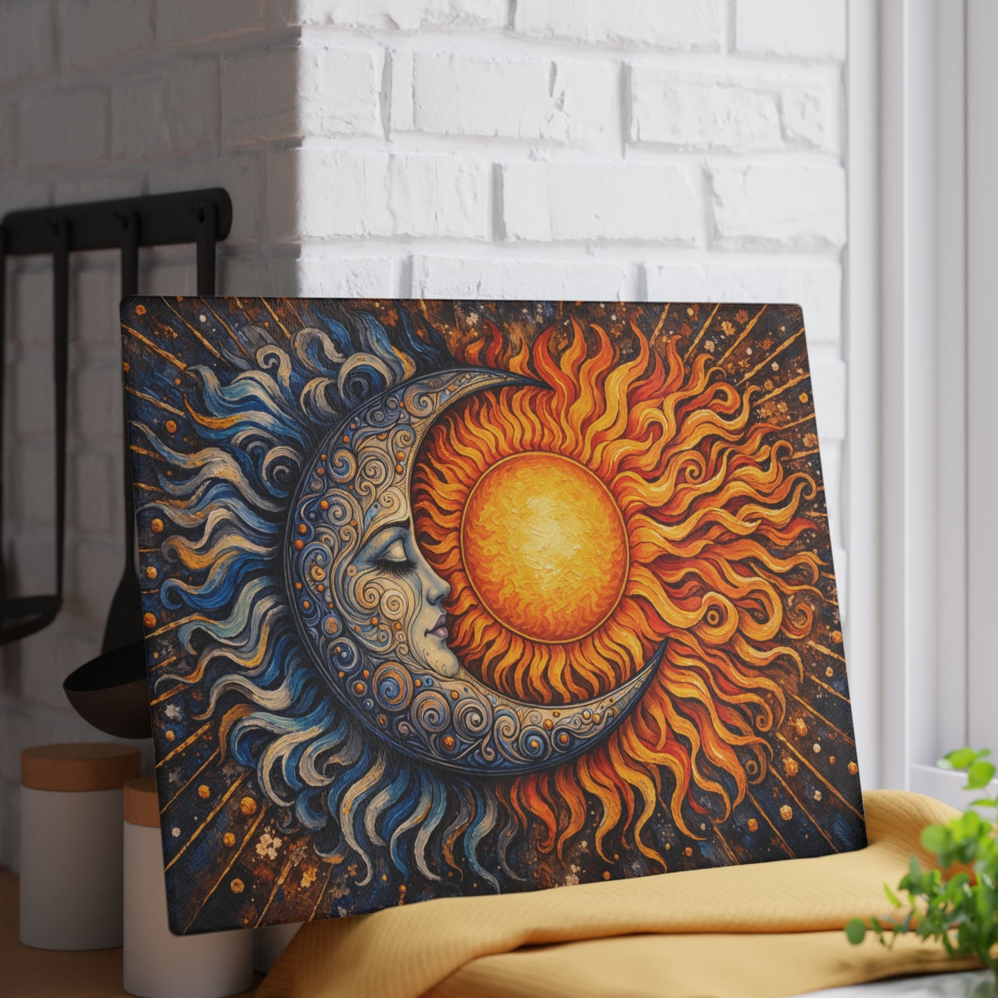 Celestial Sun and Moon Glass Cutting Board – Cosmic Balance Artwork