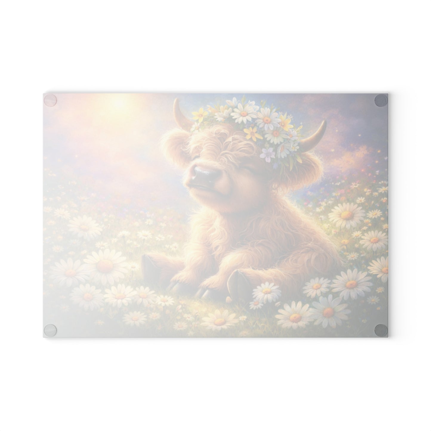 Highland Calf Daisy Meadow Glass Cutting Board – Spring Farmhouse Kitchen Decor with Floral Crown Cow Design