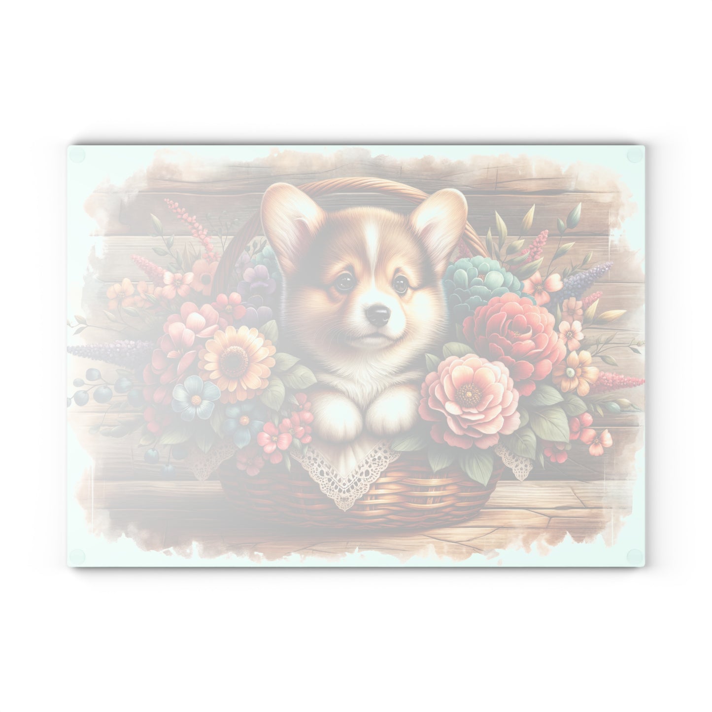 🐶🌸 Corgi in Basket Cutting Board – Sweet Charm Meets Rustic Elegance 🌼