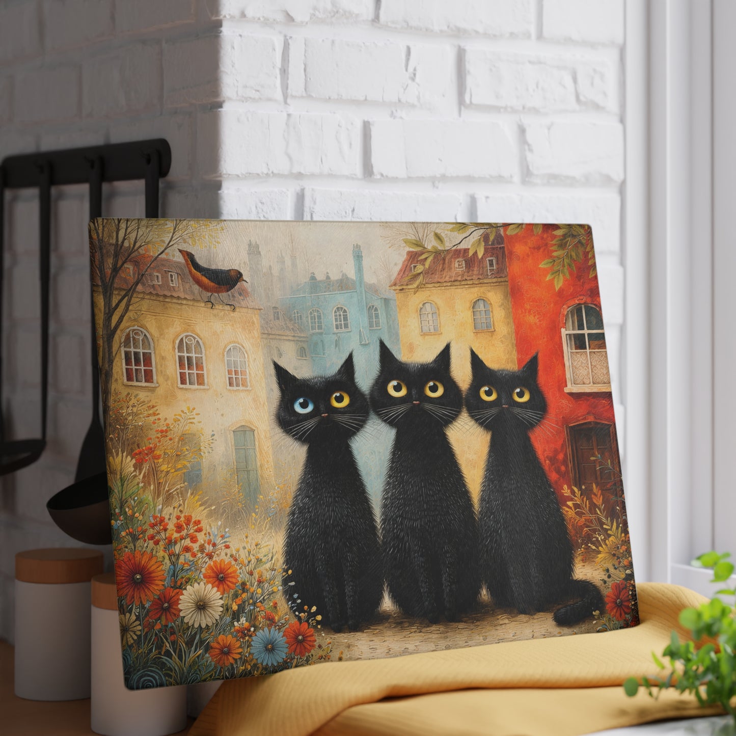 Whimsical Black Cat Glass Cutting Board – Storybook Village Cat Art Kitchen Decor