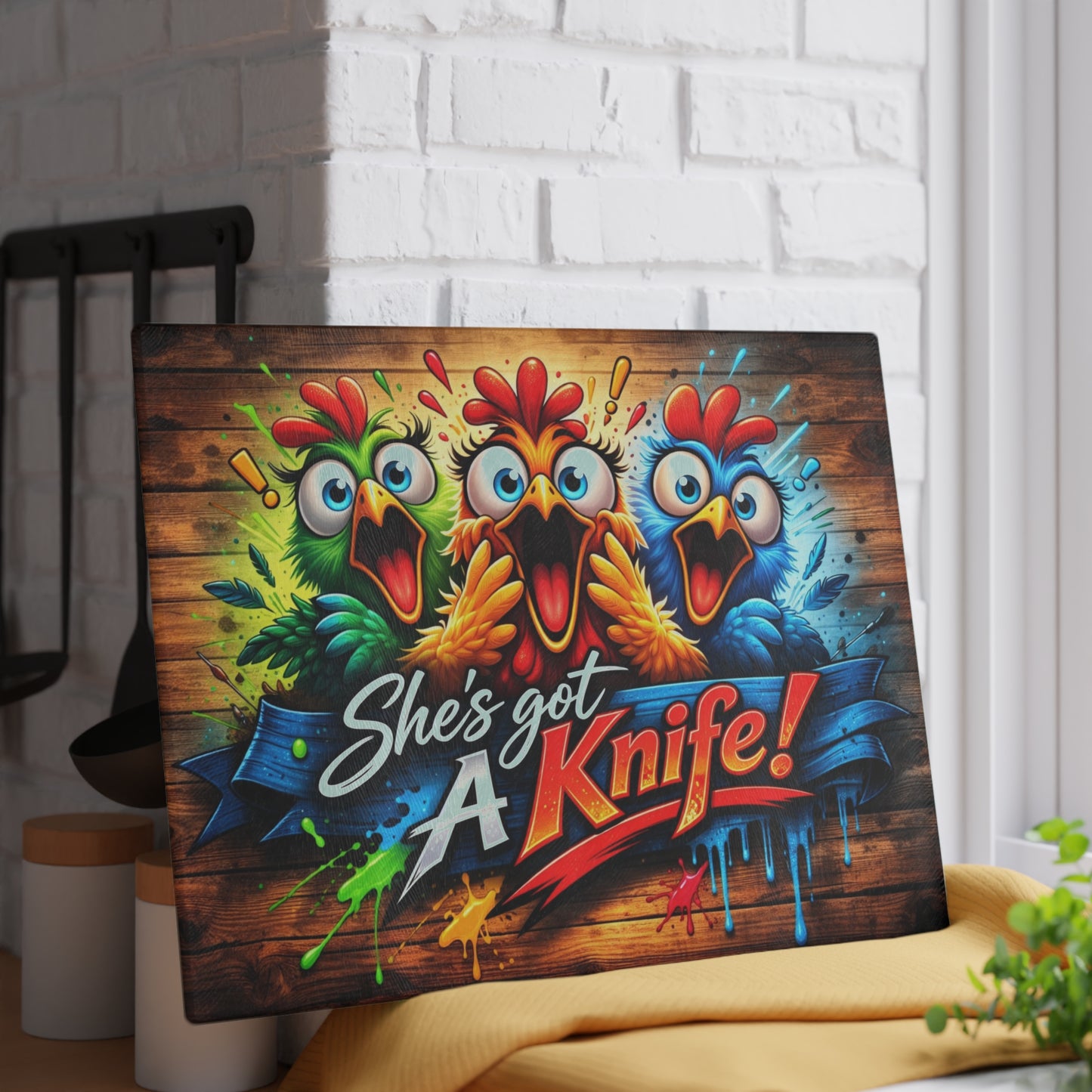 She’s Got a Knife! Glass Cutting Board – Hilarious Chicken Cartoon Kitchen Humor