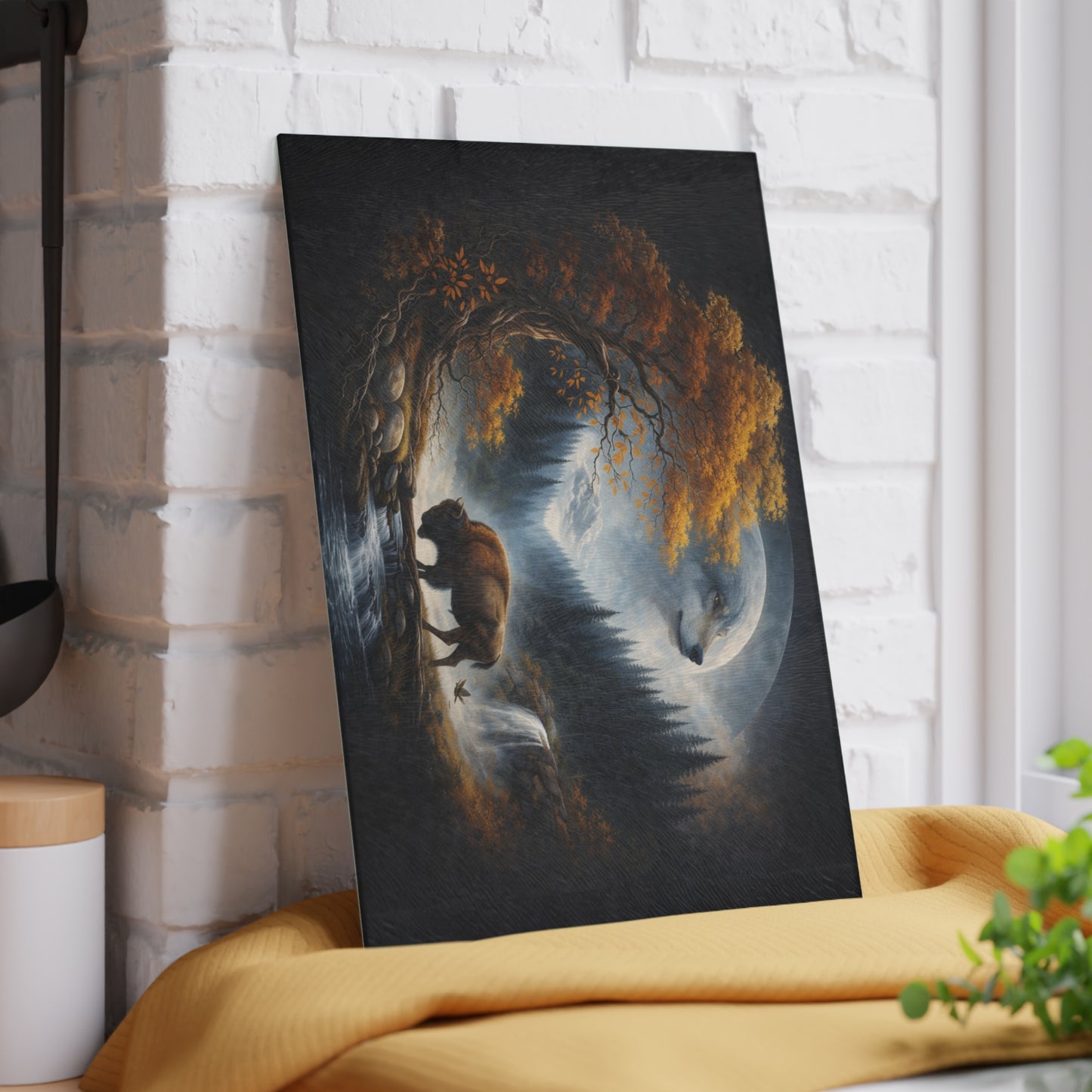 Moonlit Wolf Spirit Forest Glass Cutting Board – Mystical Wildlife Landscape Kitchen Art