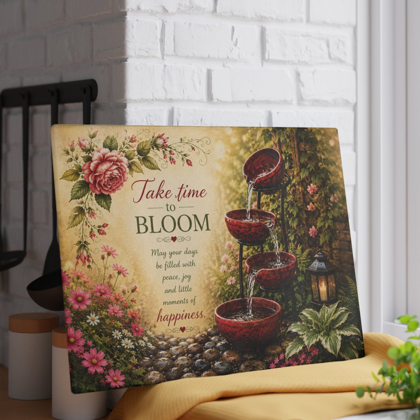 Take Time to Bloom Glass Cutting Board – Inspirational Garden Water Fountain Artwork with Peaceful Floral Design