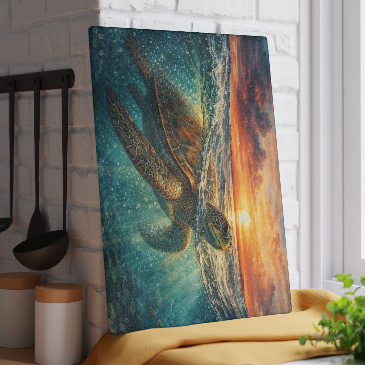 Sea Turtle Sunset Glass Cutting Board – Coastal Ocean Wildlife Kitchen Decor