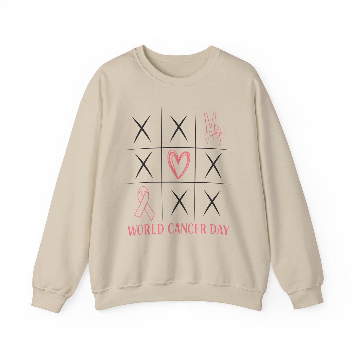 🌍🎗️ World Cancer Day Sweatshirt – Awareness Tic-Tac-Toe Heart & Ribbon