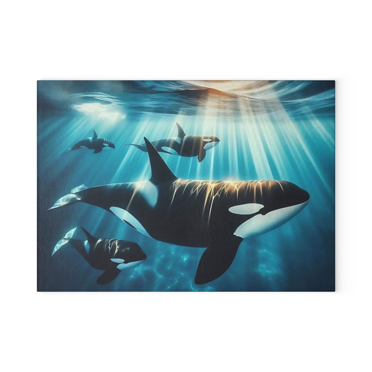 Ocean Guardians Glass Cutting Board – Orca Family Beneath Sunlit Waters