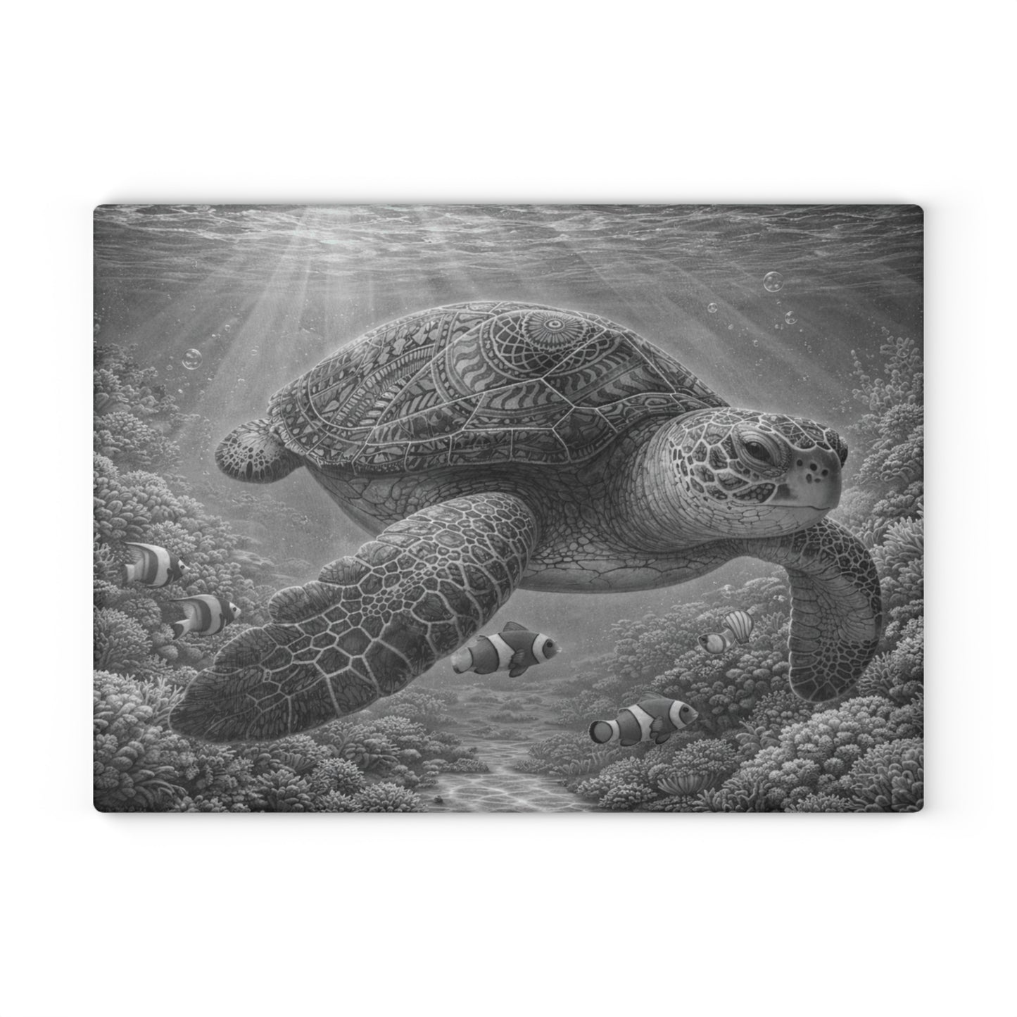 Sacred Depths Sea Turtle Glass Cutting Board – Black & White Ocean Artwork