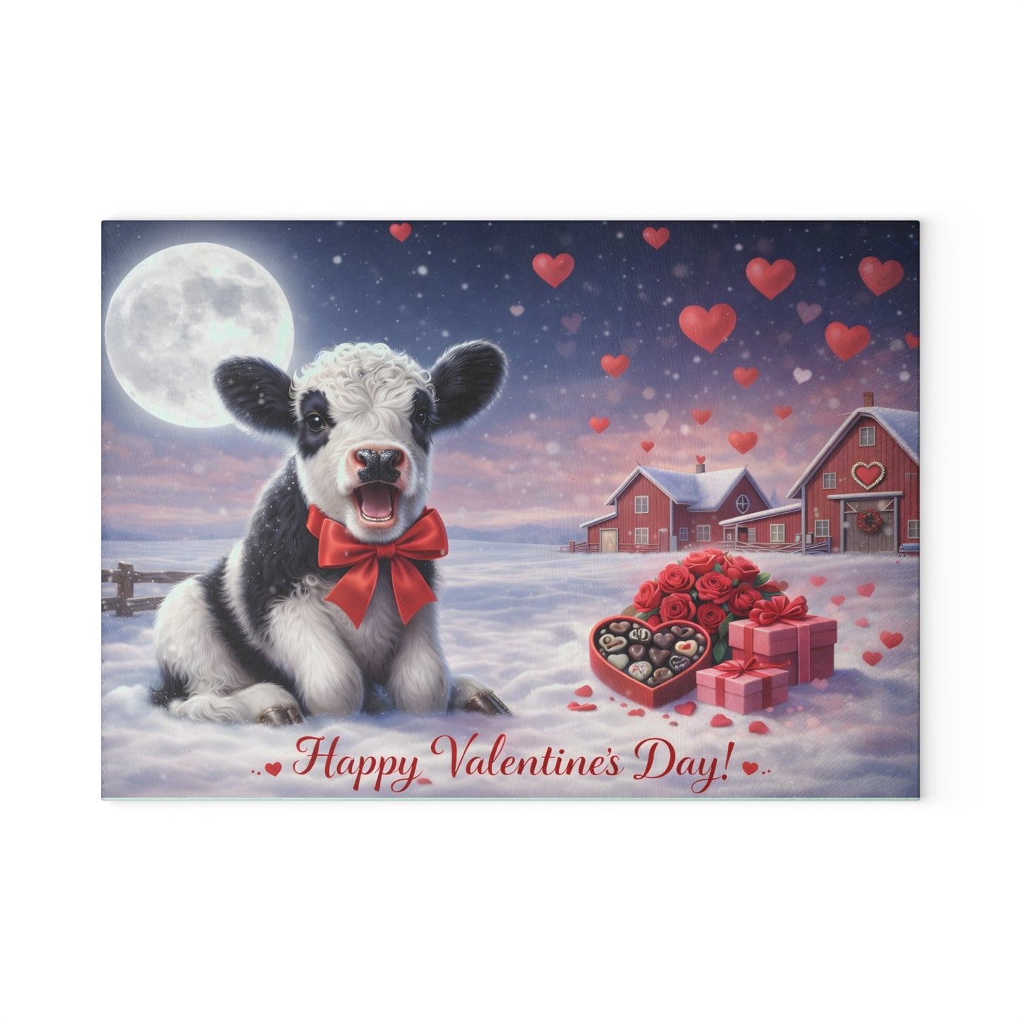 Valentine Calf Moonlight Farm Glass Cutting Board – Cozy Winter Farm Love Scene Kitchen Accent