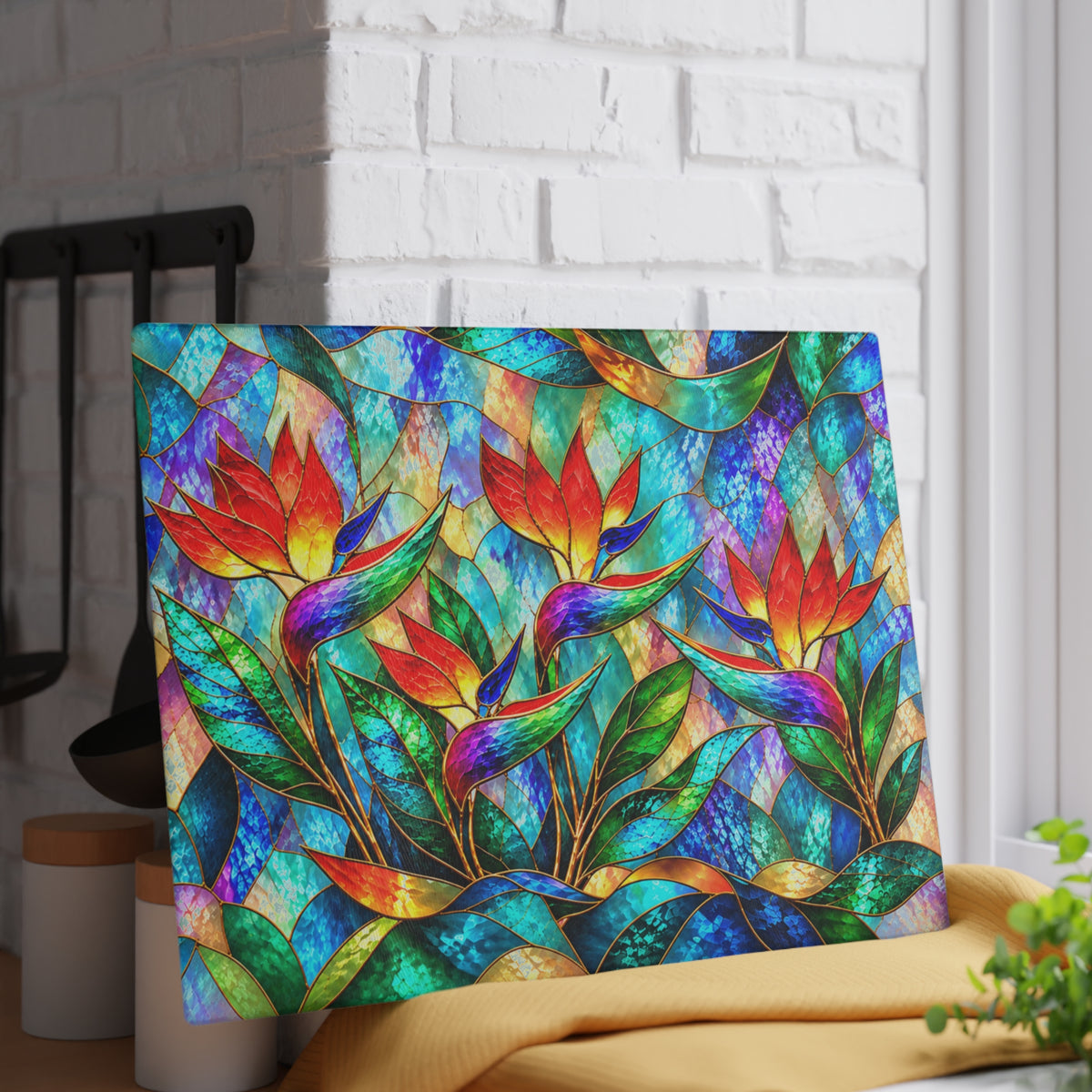 Stained-Glass-Inspired Bird of Paradise Cutting Board – Vibrant Tropical Flowers, Rainbow Foliage & Colorful Botanical Kitchen Décor