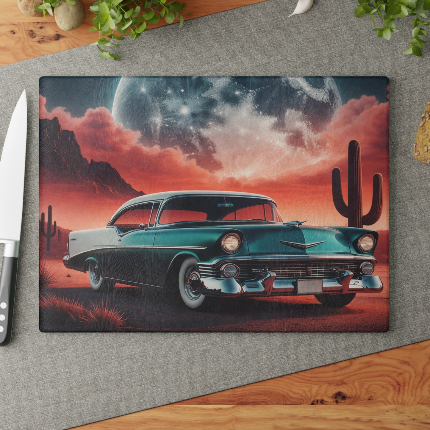 Vintage Desert Drive Glass Cutting Board – Retro Car Artwork with Southwestern Sunset