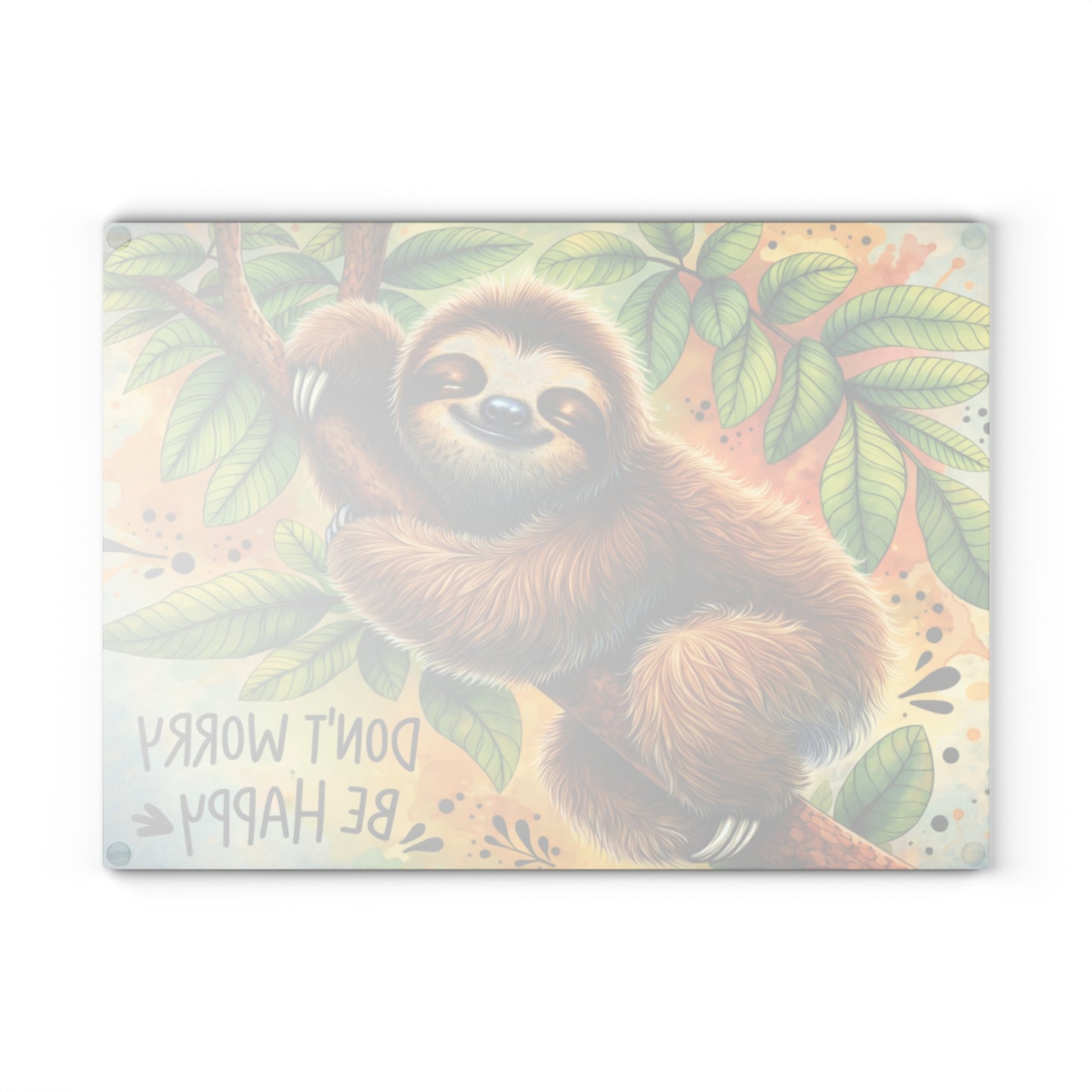 Don’t Worry Be Happy Glass Cutting Board – Whimsical Sloth Artwork