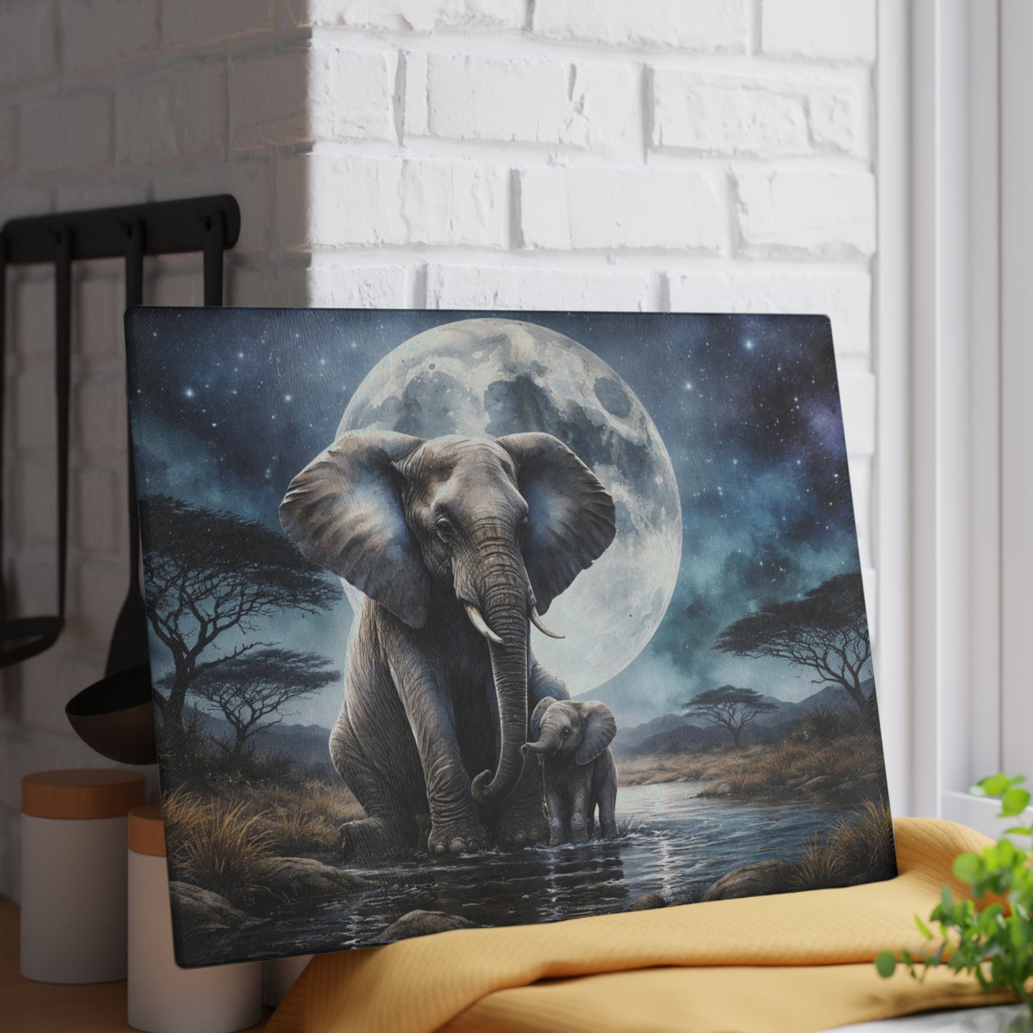 Moonlit Elephant and Calf Glass Cutting Board – Mystical Night Safari Wildlife Art