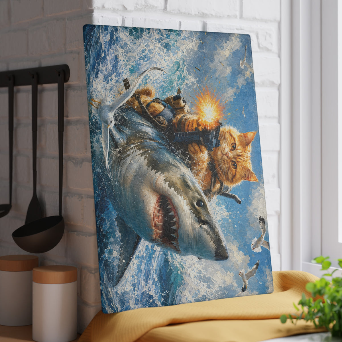 Fearless Cat & Shark Adventure Tempered Glass Cutting Board