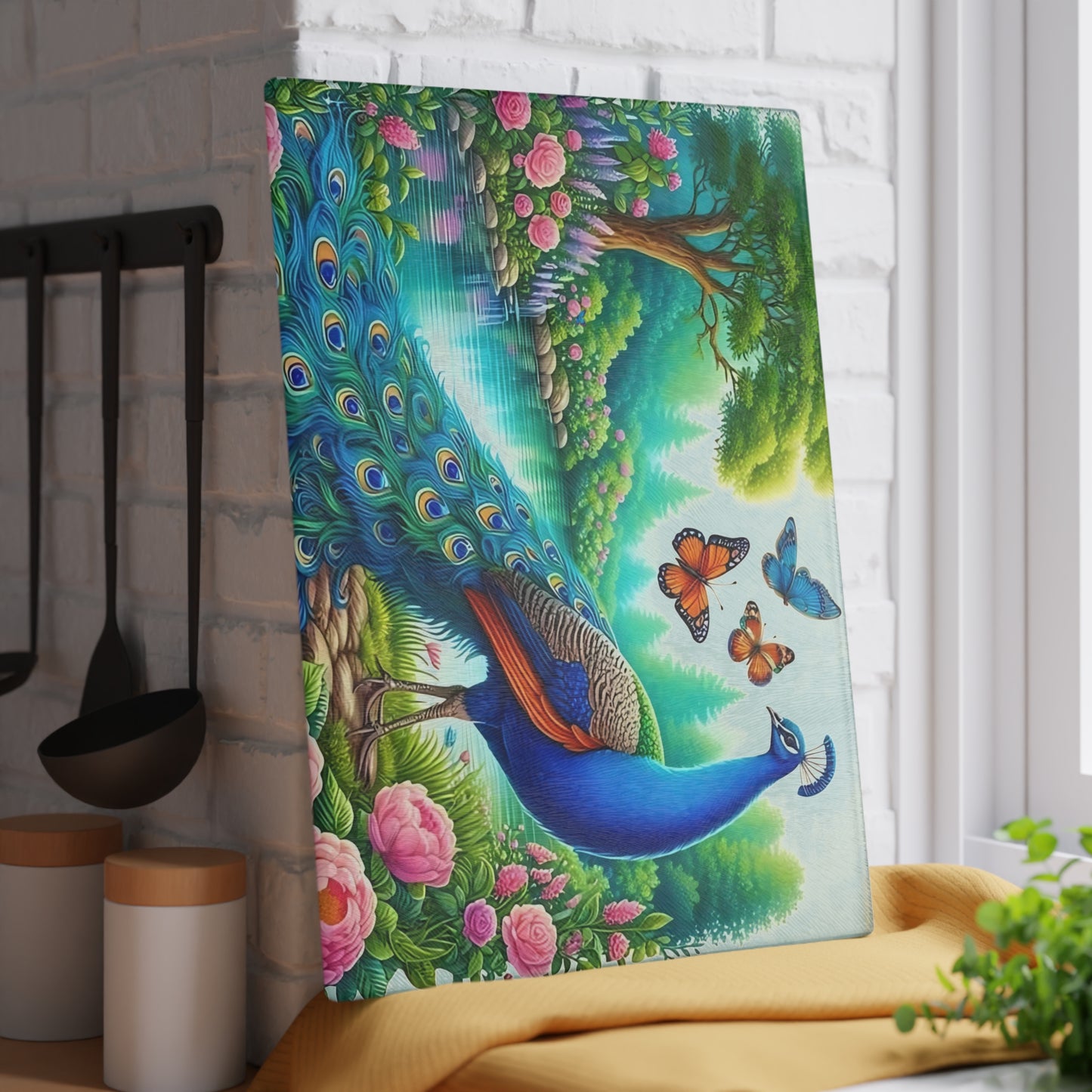 Peacock decor, butterfly decor, cutting board, kitchen decor, kitchen art, serving board, peacock gift, butterfly gift, floral cutting board