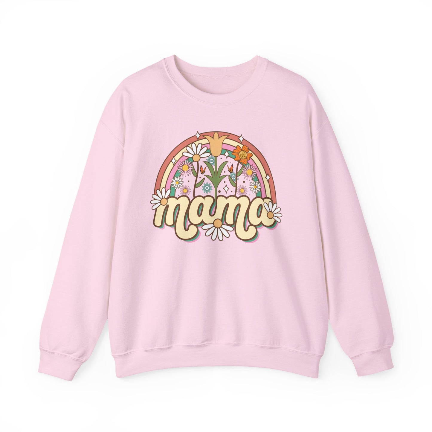 🌼🌈 Retro Floral Mama Sweatshirt – Vintage Rainbow Daisy Mom Crewneck