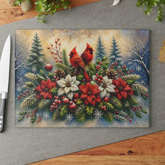 Christmas Cardinals & Poinsettias Glass Cutting Board – Winter Holiday Kitchen Decor