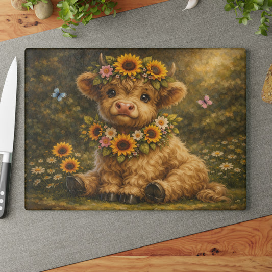 Floral Highland Calf Glass Cutting Board – Vintage Garden Style