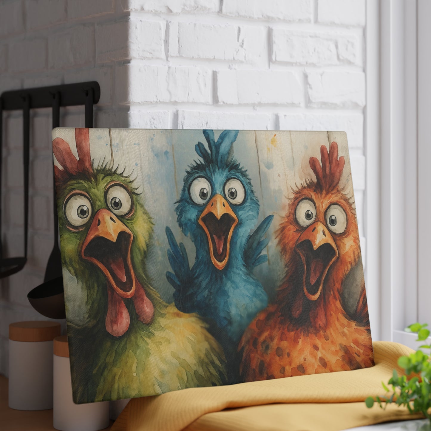 🐔🎨 Cluckin’ Crazy Fun – Colorful Chicken Glass Cutting Board for Farmhouse Charm 🐓