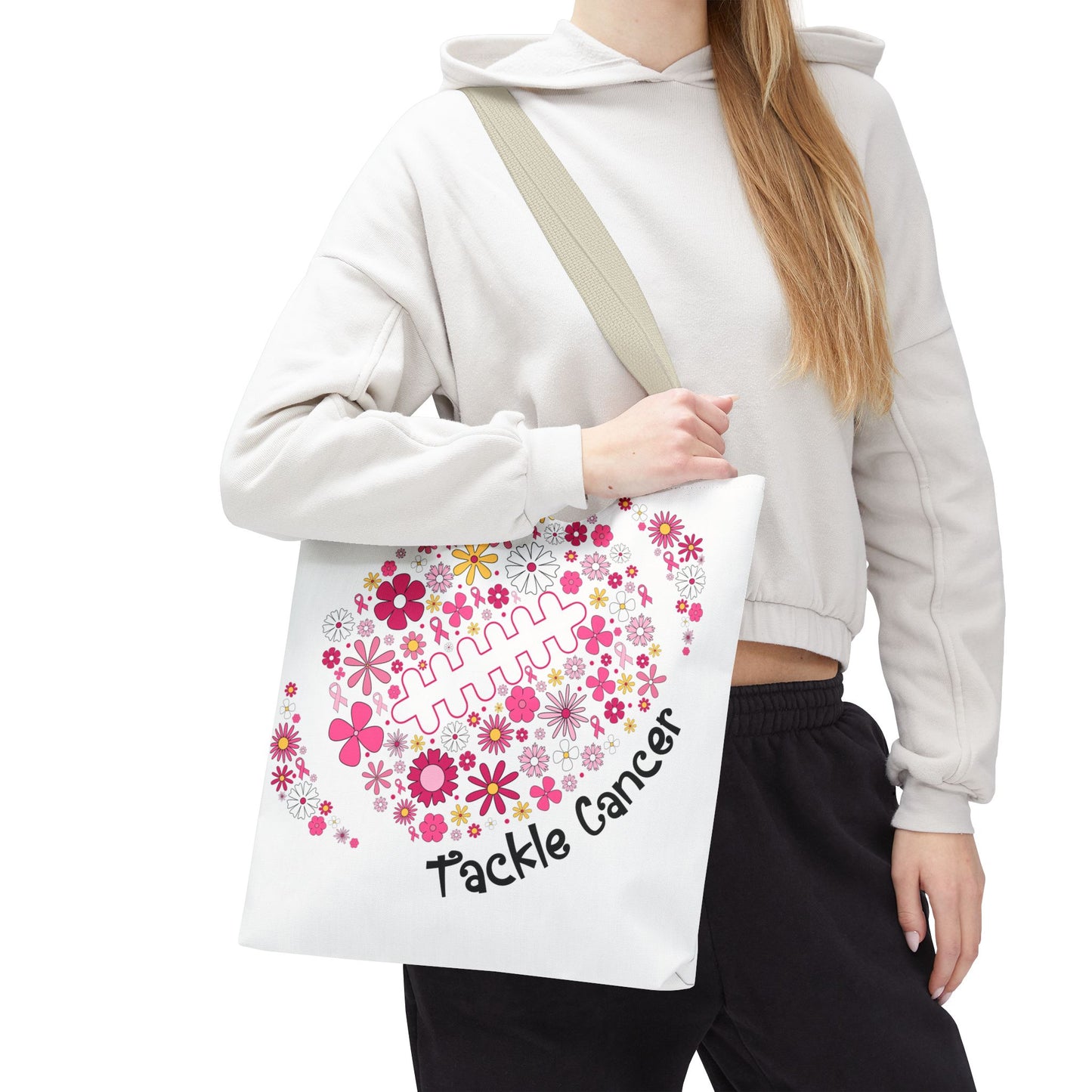 🌸 Pink Floral Football Tote Bag – Game Day Meets Breast Cancer Awareness 🎀👜