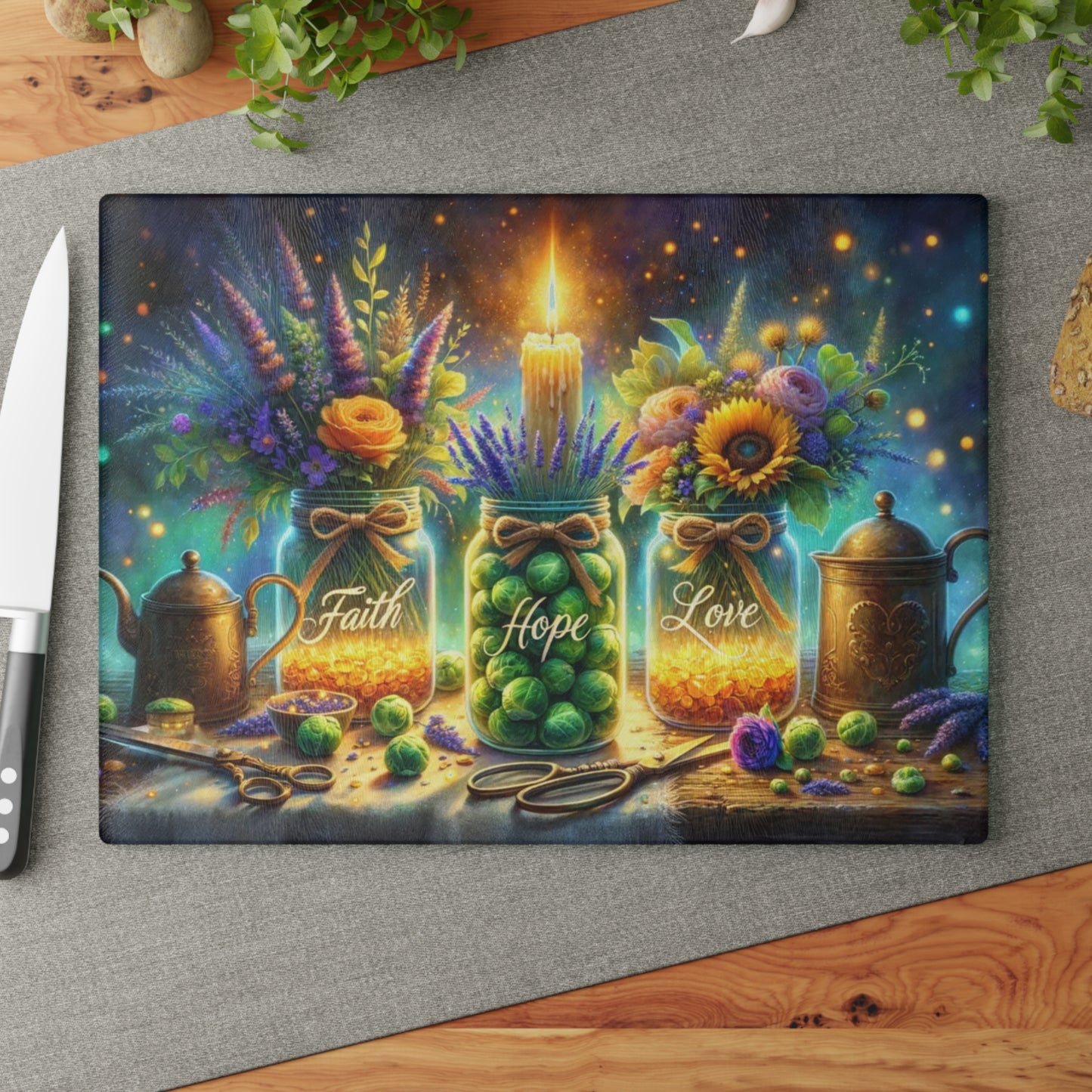 🕯️🌼 “Faith • Hope • Love” Mason Jar Glass Cutting Board – Warm Glow for Your Kitchen