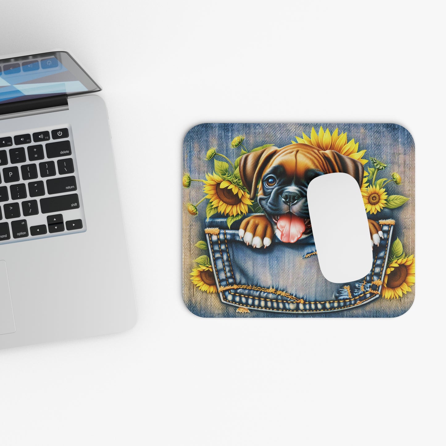 🖱️🐶🌻 Denim Pocket Puppy Mouse Pad – Cute Boxer Pup with Sunflowers