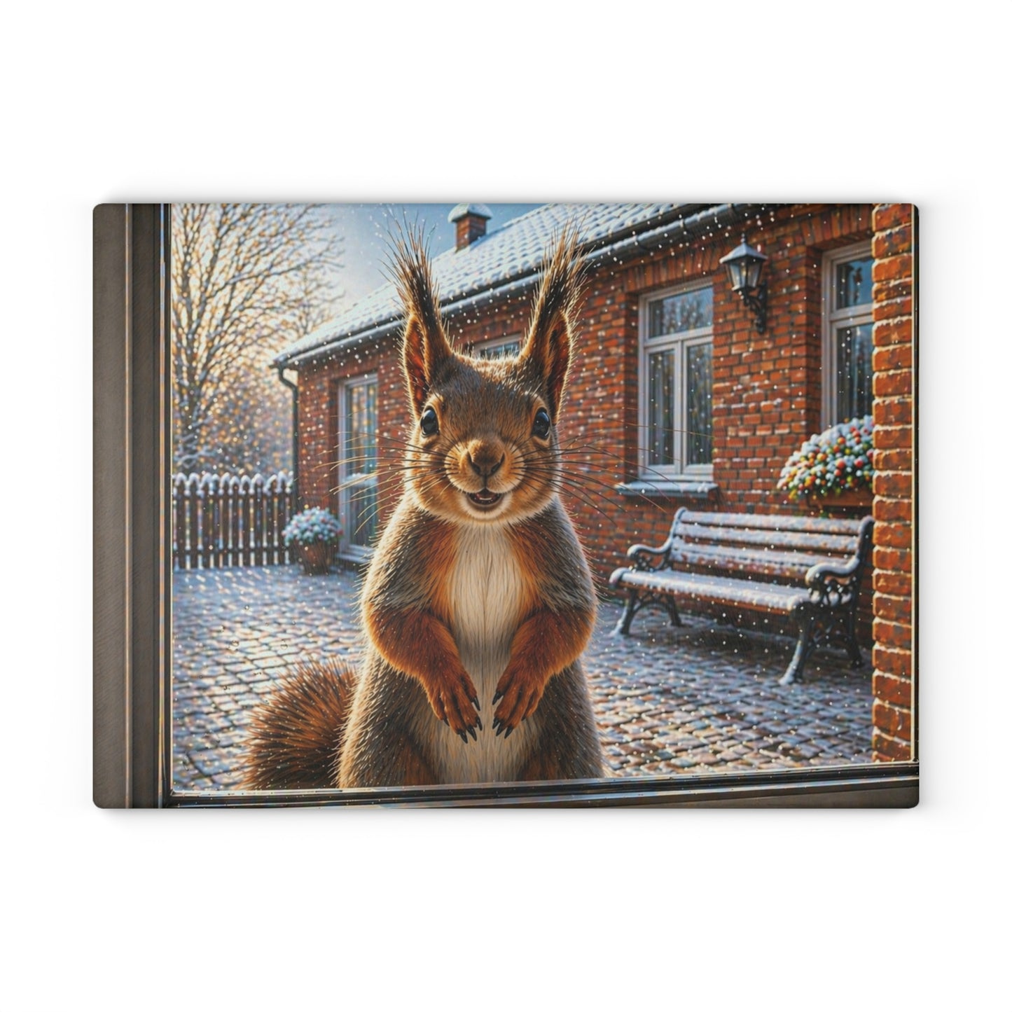 Winter Squirrel Window Glass Cutting Board