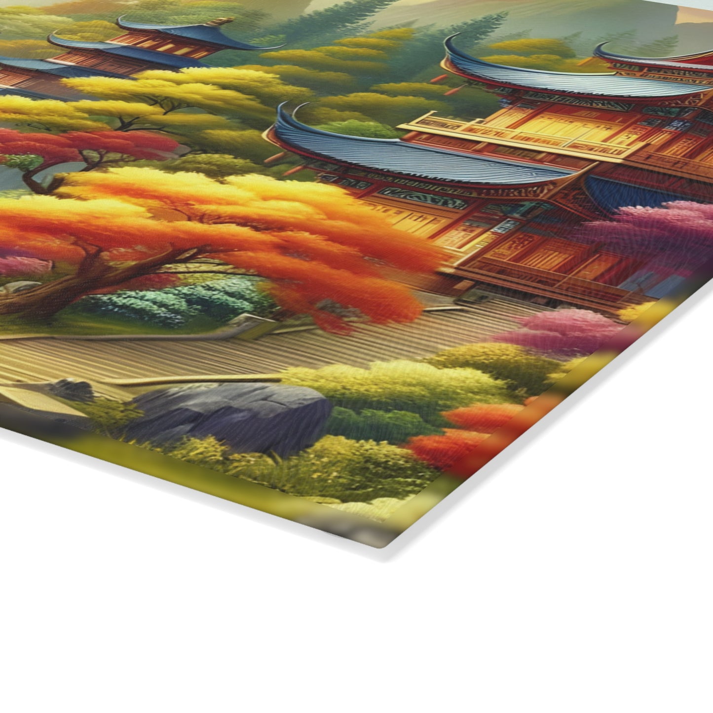 🍁🏯 Tranquil Pagoda Falls Cutting Board – Serene Autumn Landscape Art 🏯🍁