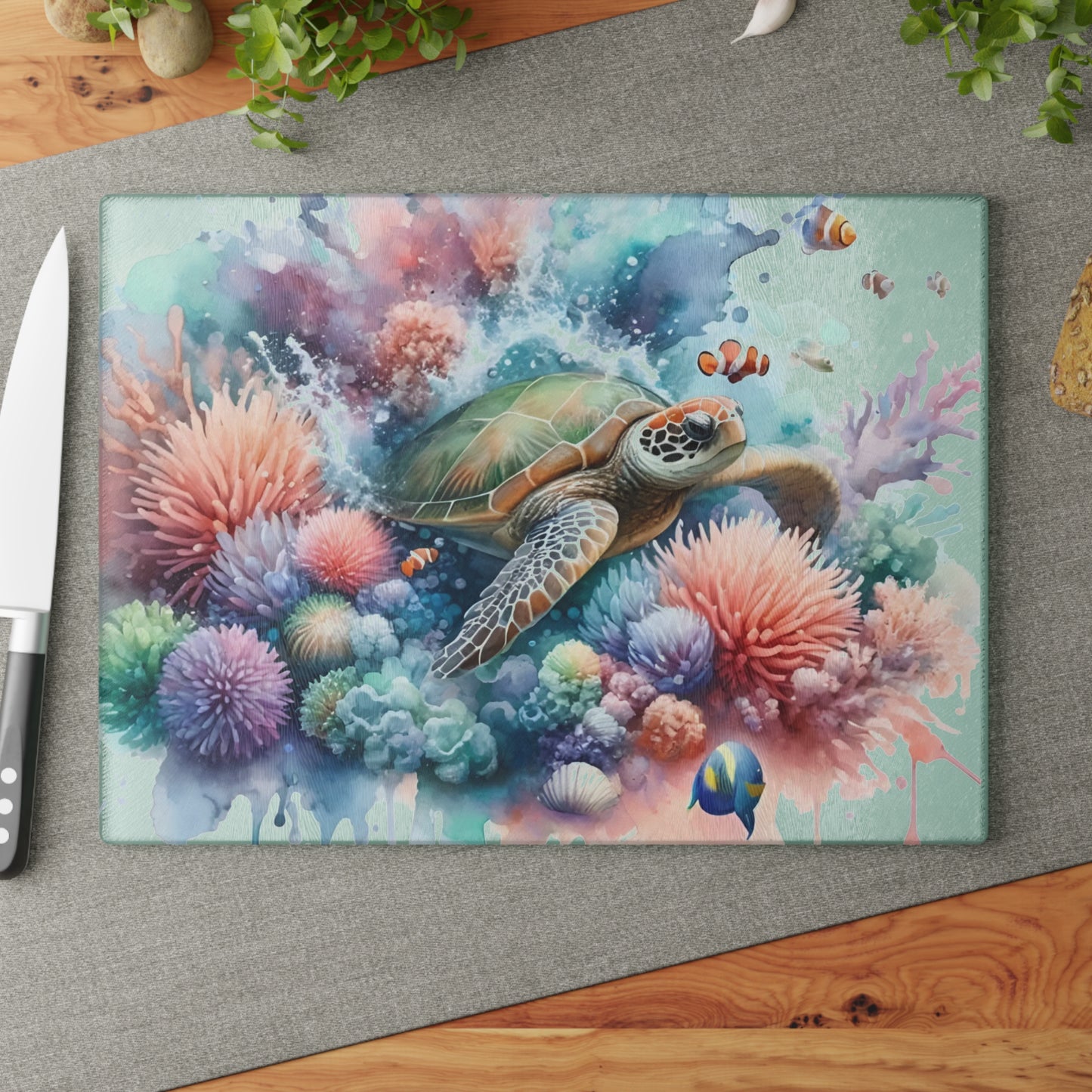Pastel Coral Splash Sea Turtle Cutting Board – Tranquil Reef Elegance for Your Kitchen