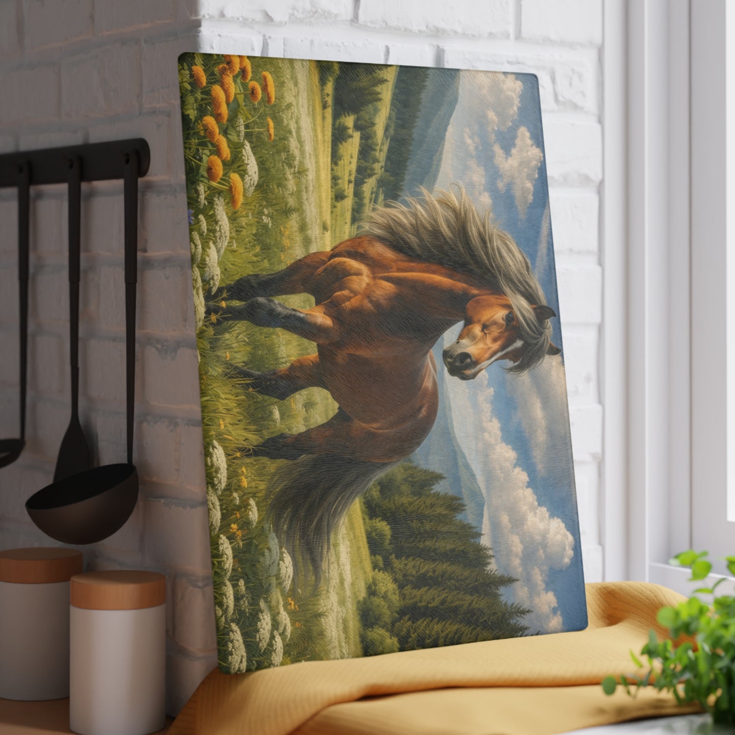 Majestic Horse in Mountain Meadow Glass Cutting Board – Western Farmhouse Horse Lover Kitchen Decor