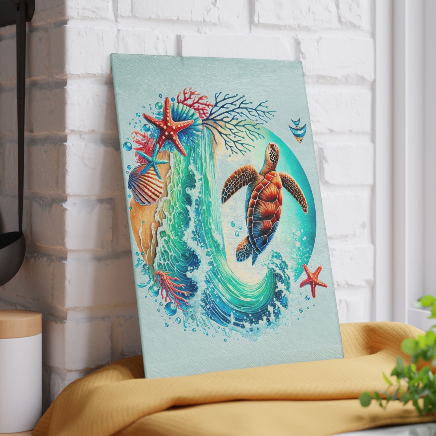 Tabla de cortar con diseño de tortuga y olas del océano: un toque de serenidad y estilo costero