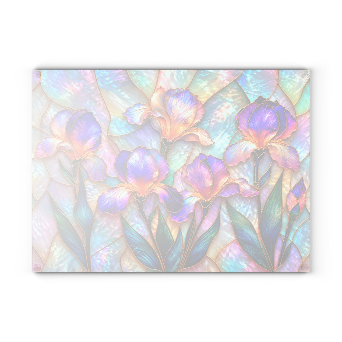 Stained-Glass-Inspired Purple Iris Cutting Board – Vibrant Violet & Lavender Flowers, Iridescent Pastel Mosaic & Elegant Botanical Kitchen Décor