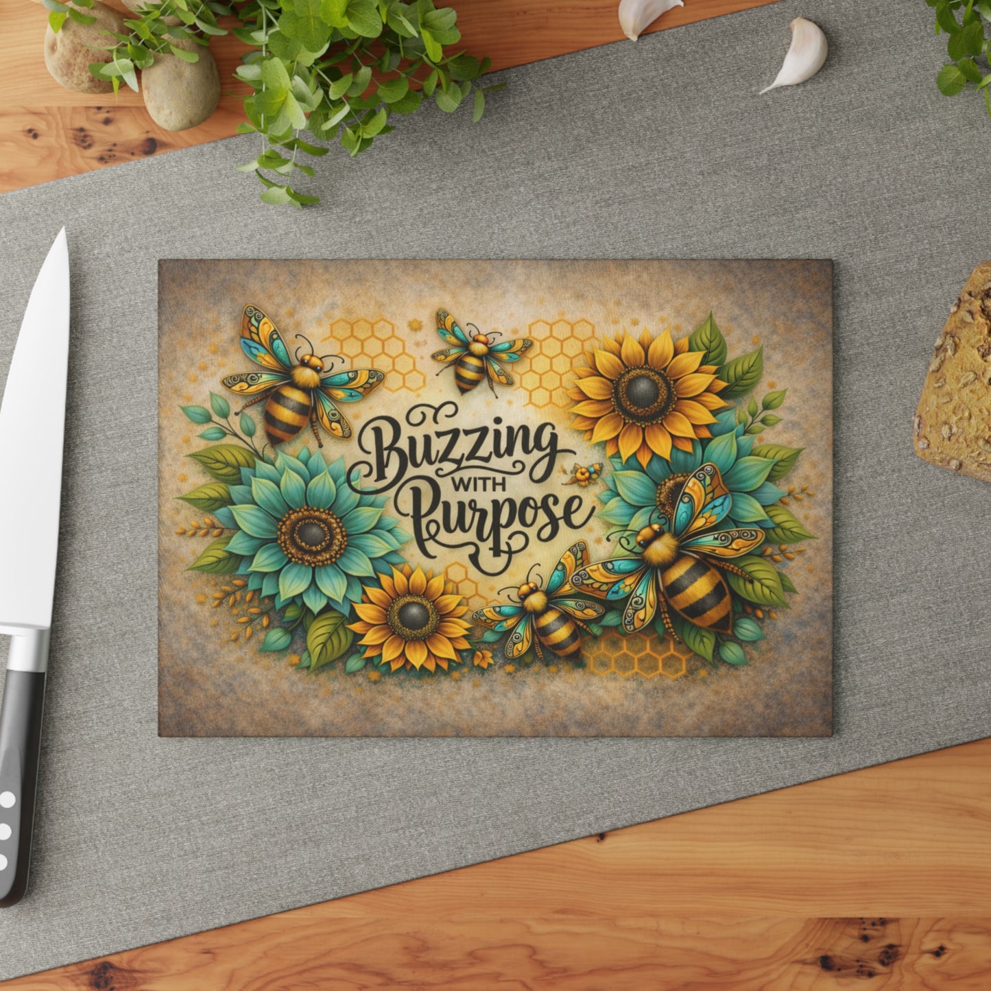 Buzzing with Purpose Glass Cutting Board – Rustic Farmhouse Kitchen Decor
