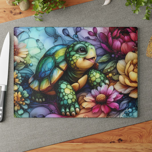 Tabla de cortar de vidrio con diseño de tortuga en flor – Arte de cocina con motivos florales y silvestres