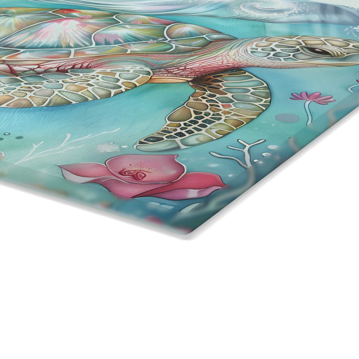 🌊🌸 Escena floral submarina de tortugas marinas coloridas – Tabla de cortar de vidrio