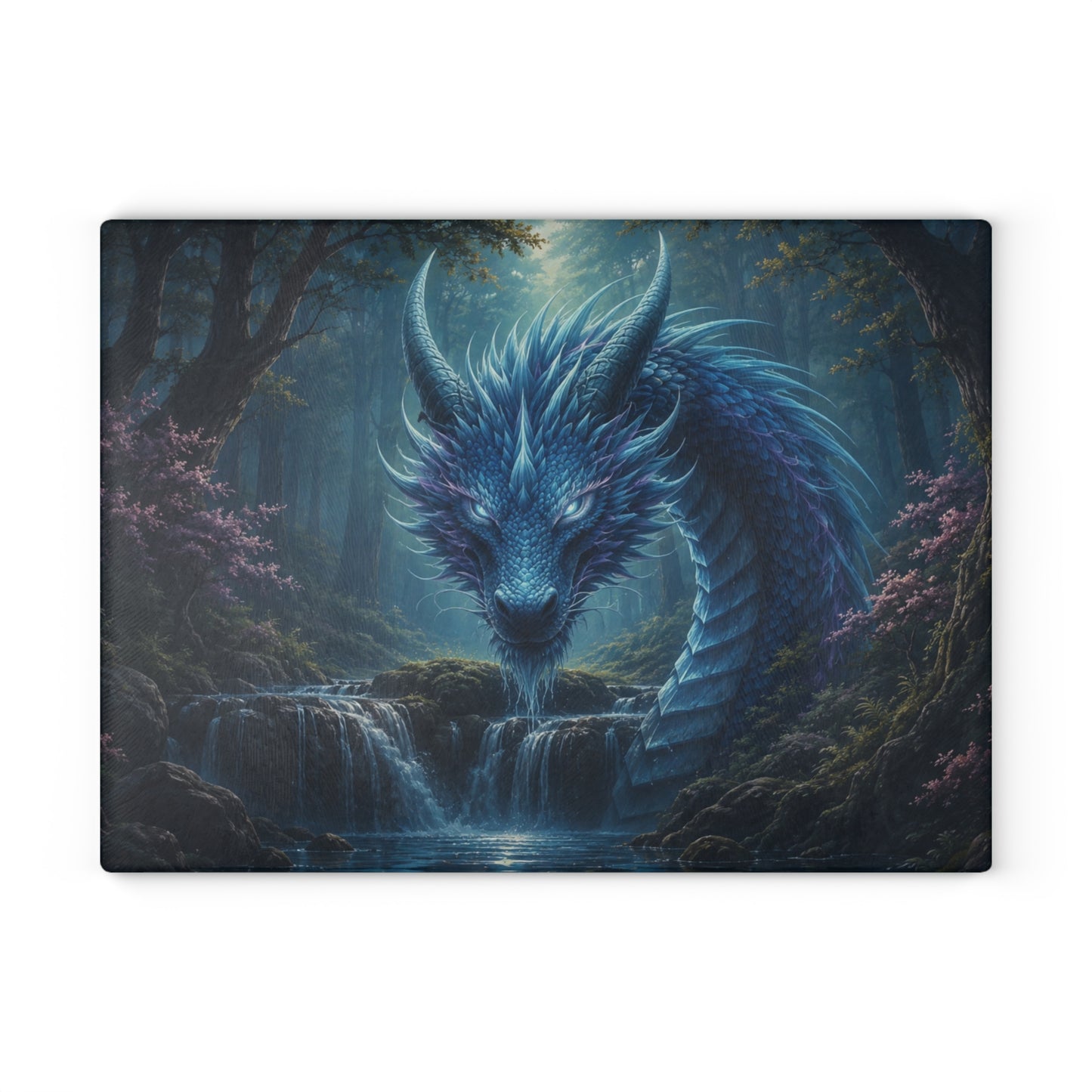 Mystical Blue Dragon Glass Cutting Board – Fantasy Dragon Kitchen Decor, Magical Waterfall Gift