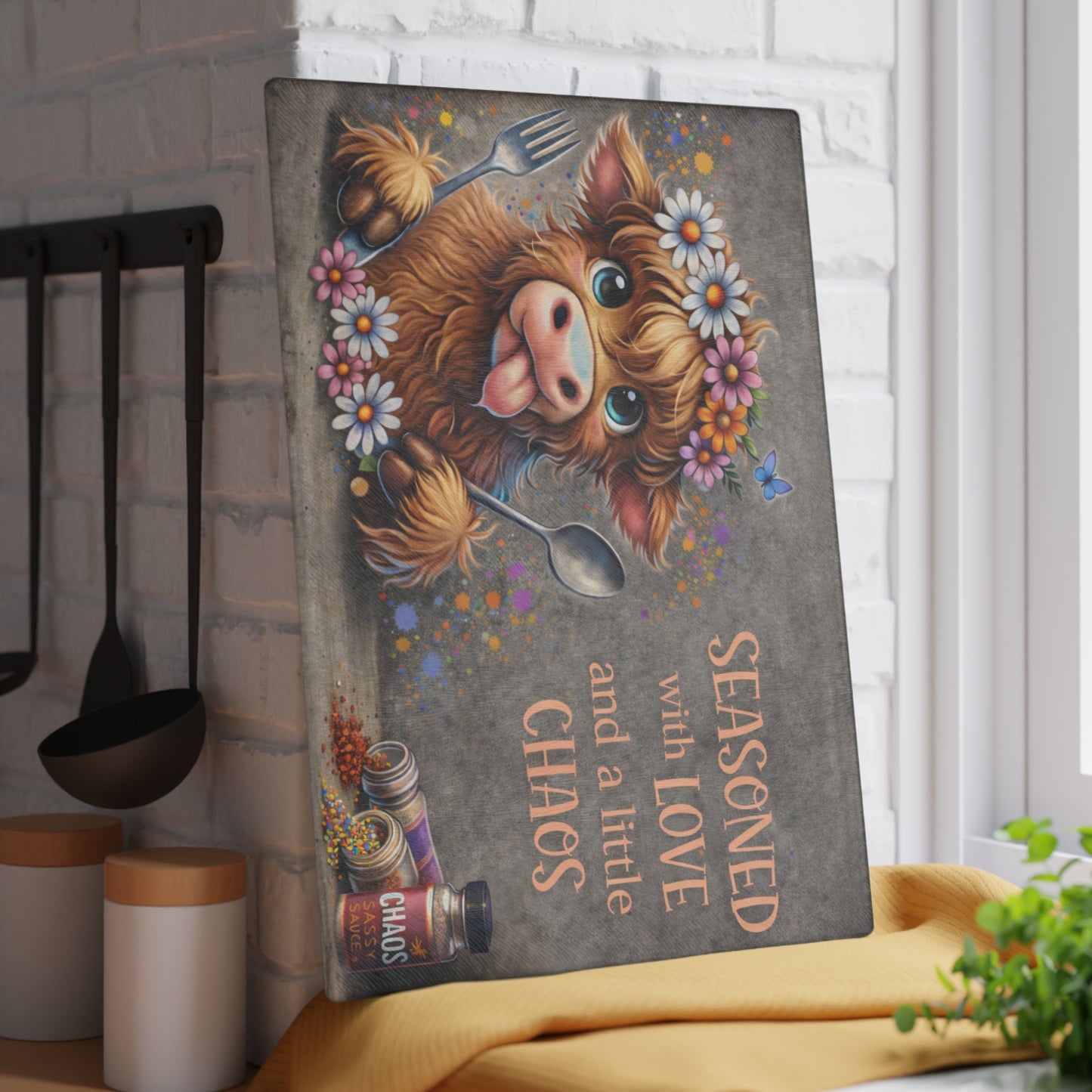 Seasoned With Love and a Little Chaos Glass Cutting Board