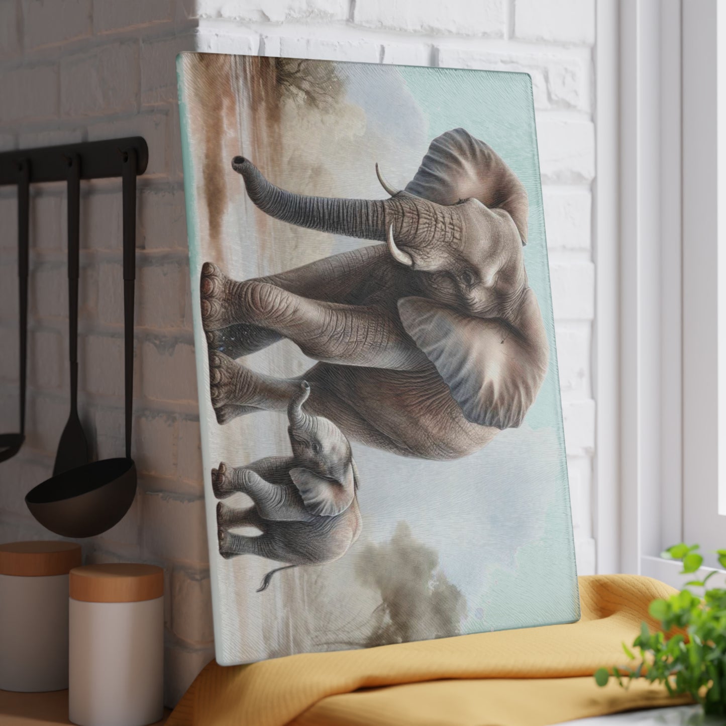 Mama Elephant and baby tempered glass cutting board