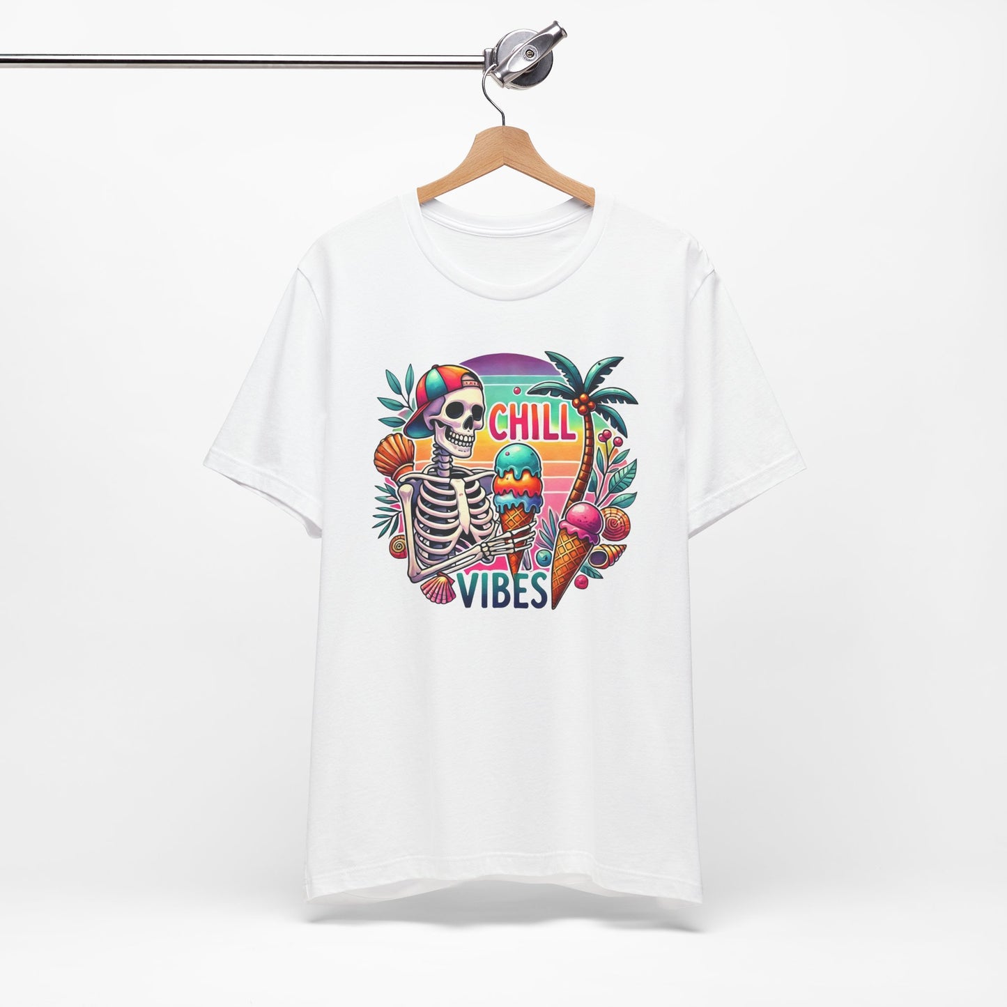 Camiseta Chill Vibes – Esqueleto con helado | Camiseta retro divertida de verano (solo blanca)