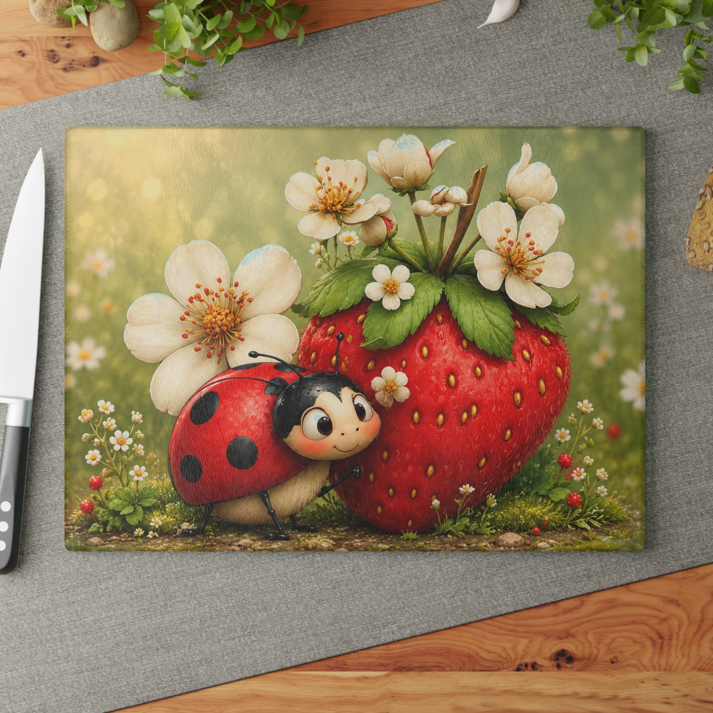 Ladybug & Strawberry Glass Cutting Board – Whimsical Garden Artwork with Sweet Spring Charm
