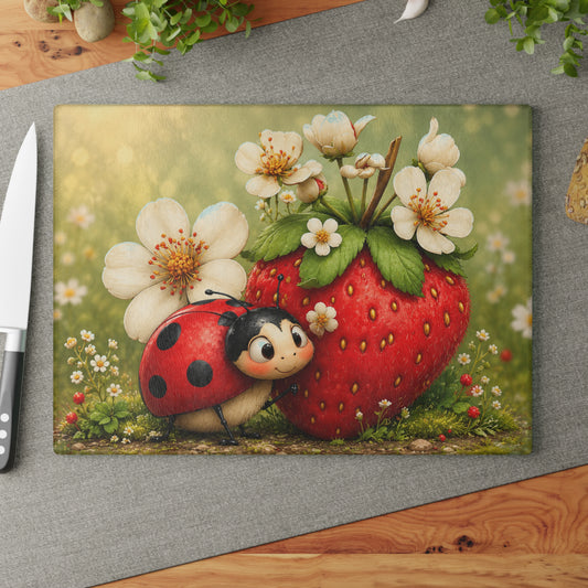 Ladybug & Strawberry Glass Cutting Board – Whimsical Garden Artwork with Sweet Spring Charm