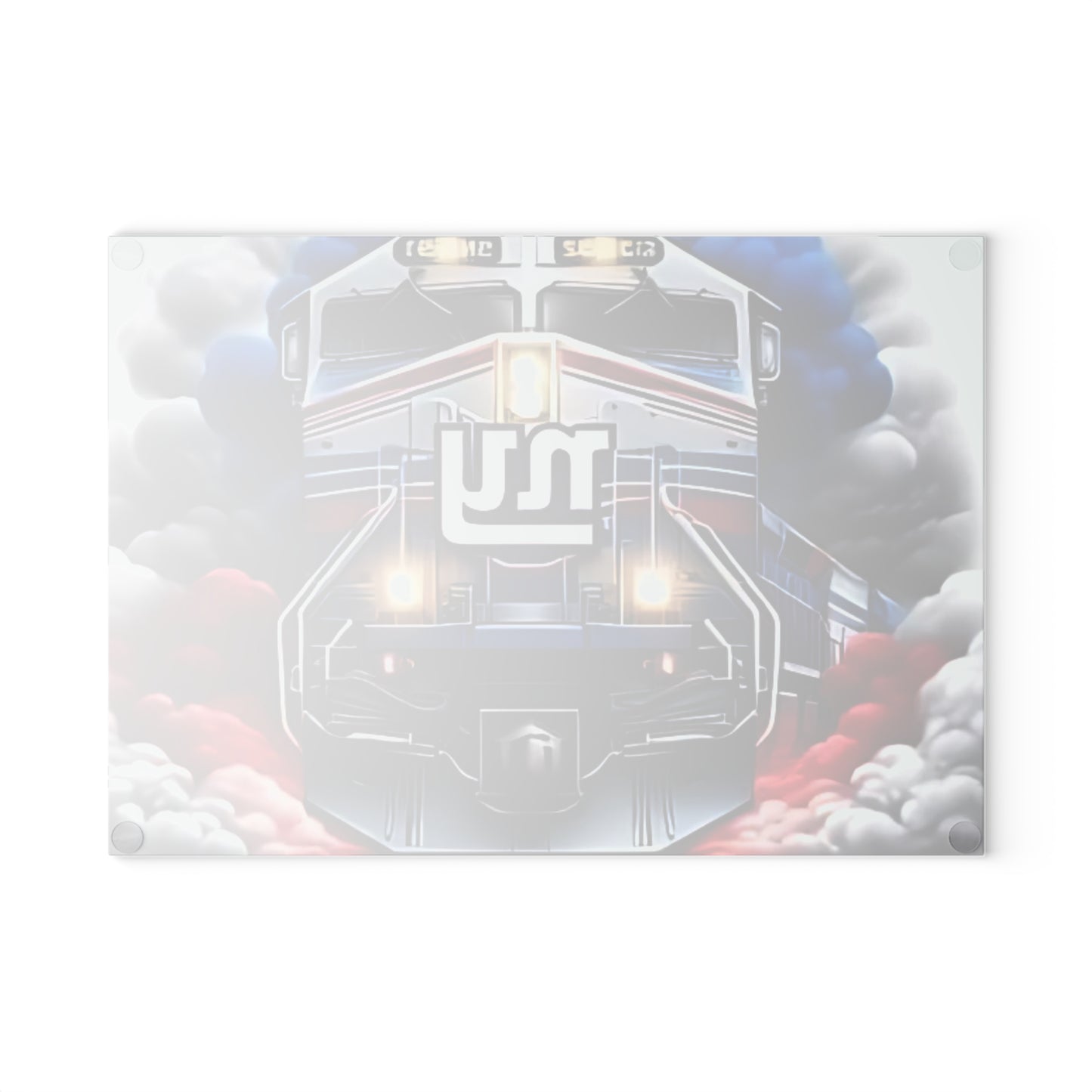 Royal Blue & Red Express Glass Cutting Board – Striking Train Design for Bold Kitchens