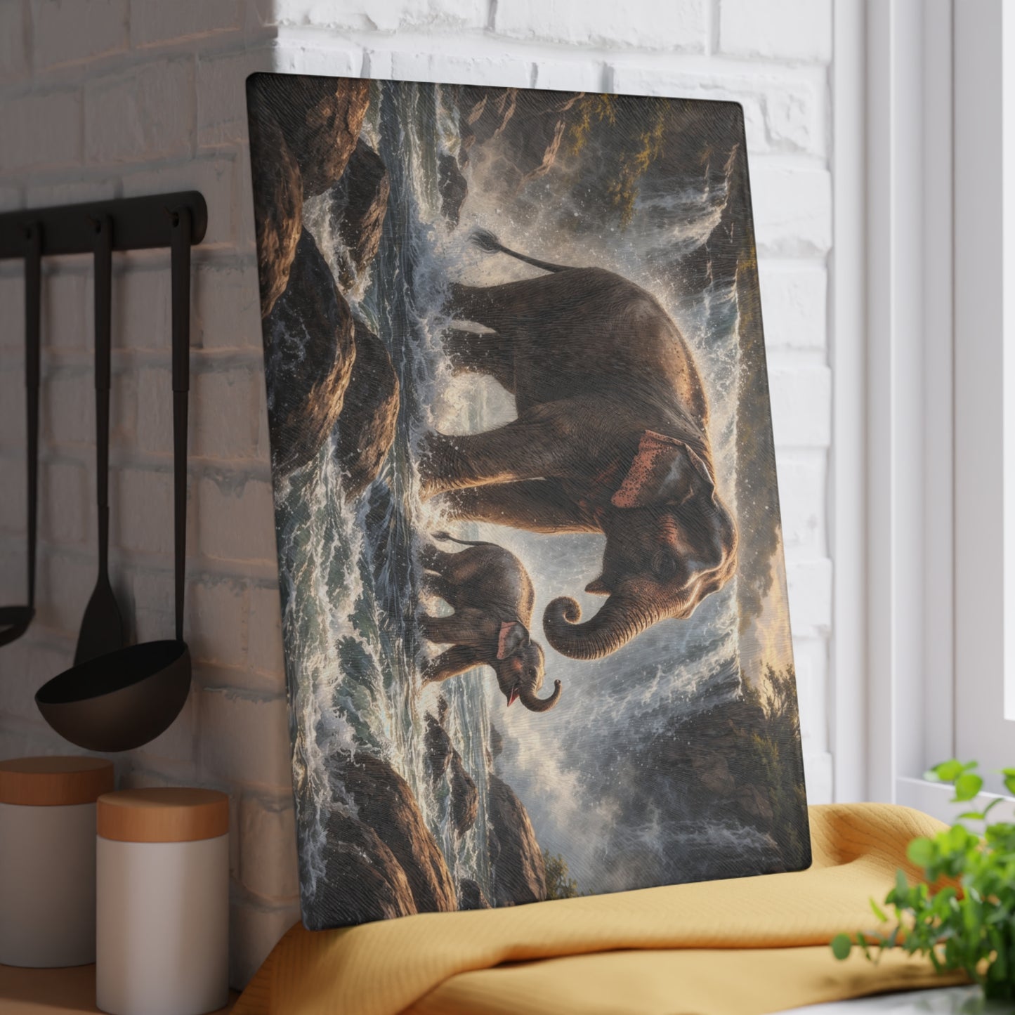 Elephant Waterfall Wildlife Glass Cutting Board – Majestic Nature Scene Kitchen Art