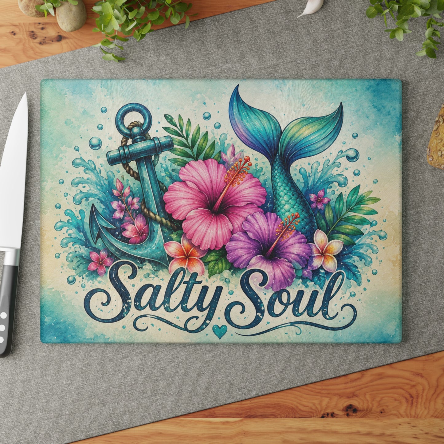 Salty Soul Mermaid Tail Glass Cutting Board – Coastal Beach Kitchen Decor with Anchor & Tropical Flowers