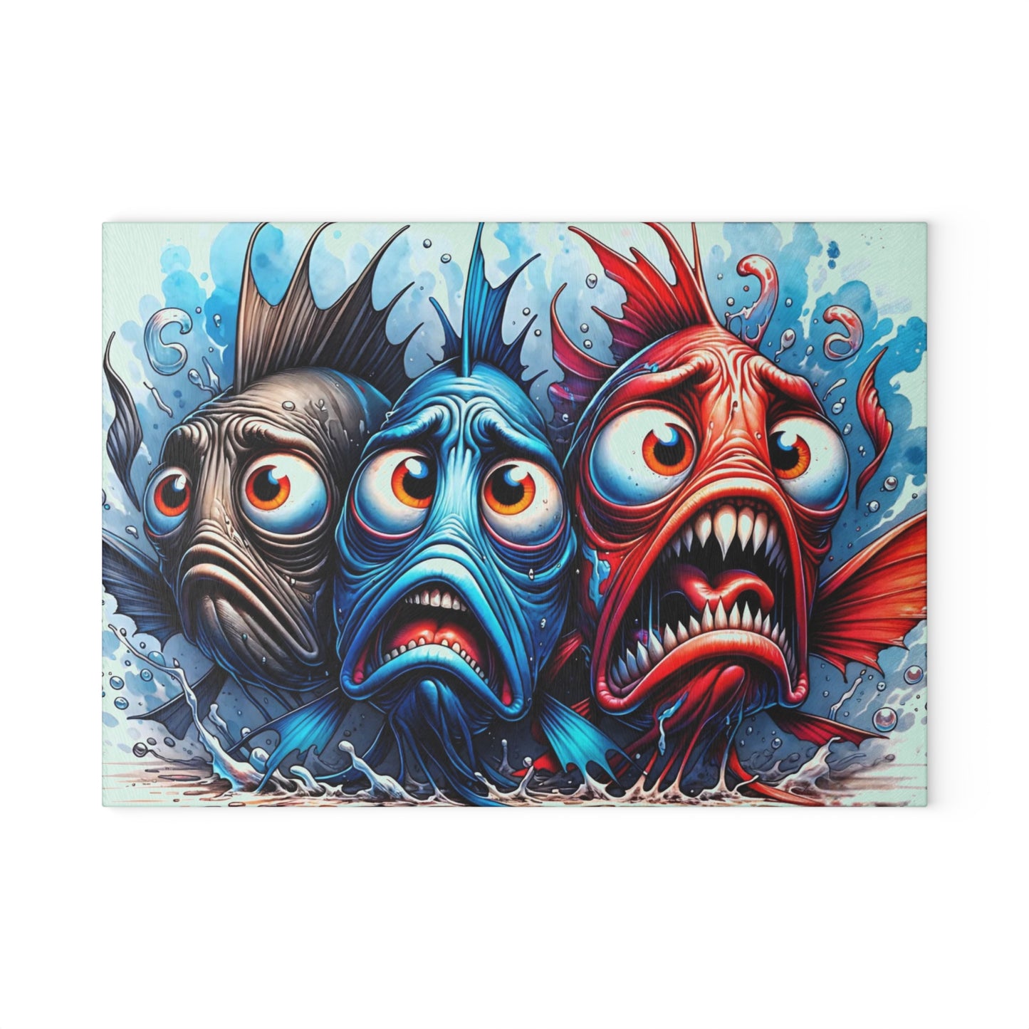 🐟😂 “Comic Fish Trio” Glass Cutting Board – Splashy Fun for Your Kitchen
